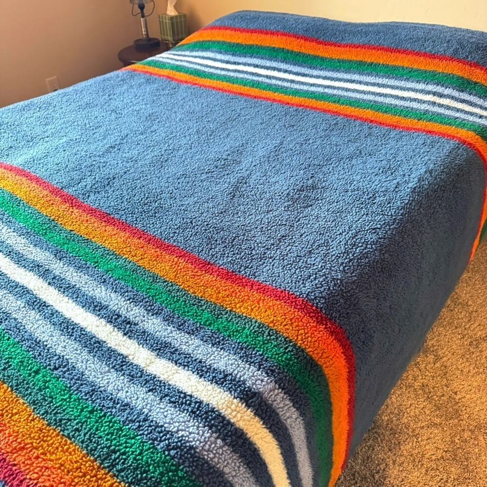 Pendleton Blue Grand Canyon Striped Blanket Sherpa Fleece 92x96" Queen Cozy